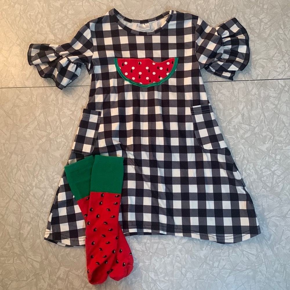 Girls Size 5 Watermelon Picnic Dress with Matching Knee Socks 🍉